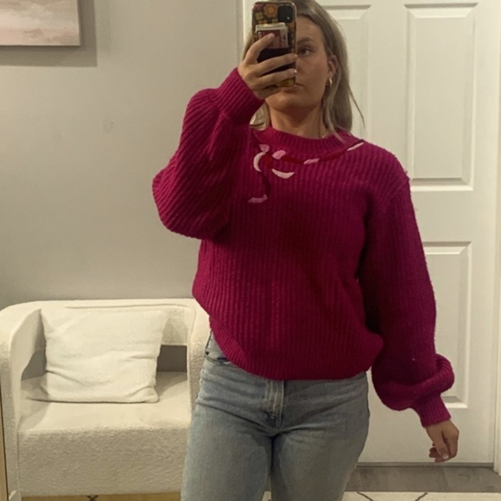 Kate Spade Sweater Ribbon Bow Crewneck in Fuschia Pink